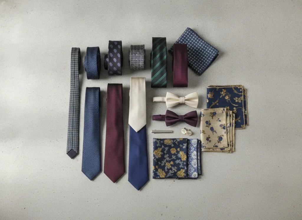 stylish menswear flat lay featuring premium neckties, bow