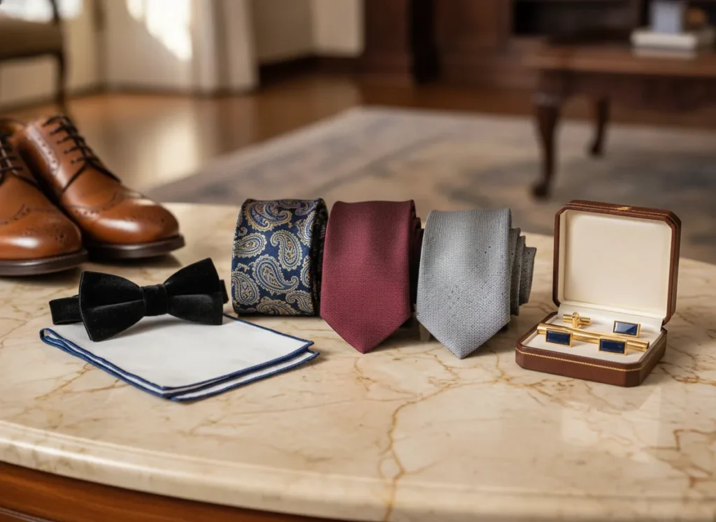 elegant menswear flat lay with premium neckties, bow