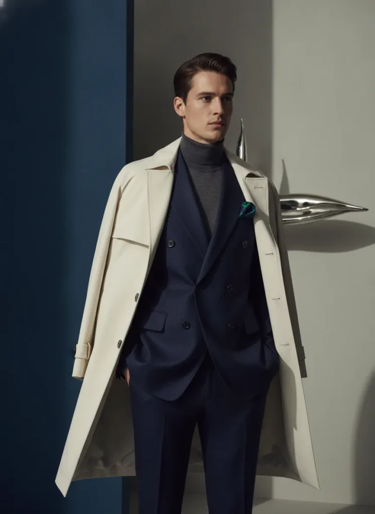 Polished menswear editorial, refined and confident mood, soft