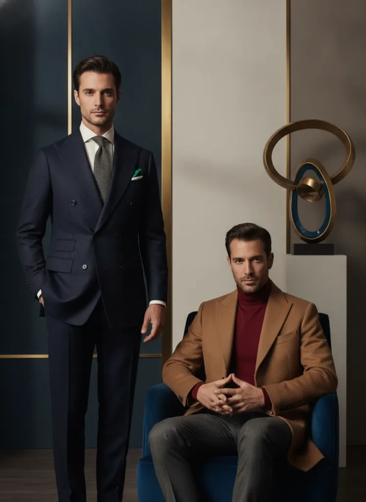 Polished menswear editorial, refined and confident mood, soft
